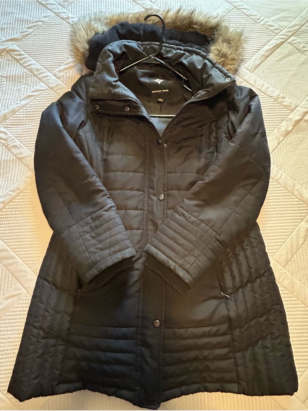 Weather Tamer Black Quilted Mid-Length Puffer Coat with Faux-Fur Hood - Size M